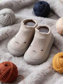 1 Pair Beige Shark Pattern Baby Toddler Shoes, Anti-Slip Soft Sole Silicone Socks Shoes, Breathable Knit Indoor/Outdoor Floor Sports Shoes - Beige - View 1