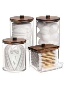 4件套亚克力棉签收纳盒，药瓶和化妆品瓶收纳套装，适用于棉签、枕头、牙签等，棕色，非常适合旅行、海滩、浴室、卧室使用，大容量 - 棕色 - 查看 4