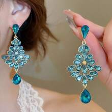 1 par de pendientes colgantes con borlas de lágrima con incrustaciones de rhinestone, diseño de moda para fiestas y eventos - Azul - Ver 1