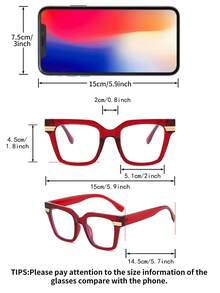 1副女士酒红色方形PC框复古撞色时尚个性化无度数眼镜 - 酒紅色 - 查看 4