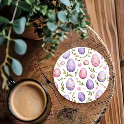 4pcs Easter Egg Pattern Round Wooden Coaster Set | Pink, Purple And Gold Eggs, Heart And Leaf Designs, Heat-Resistant, Great For Kitchen Tabletop Decor, Ideal Gift For Valentine's Day And Easter