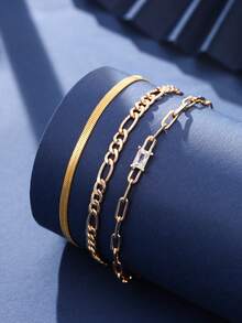 Set de 3 piezas Pulsera de cadena con clips de papel cuadrados para hombres, accesorio ligero y elegante para el día a día - Amarillo Oro - Ver 2