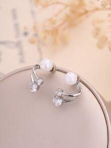 Nooxian 1对时尚简约高光泽仿珍珠耳环，小众优雅水钻双戴耳环，女士礼物 - 銀色 - 查看 6