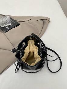 1pc Black Bucket Bag, New Fashionable Minimalist Solid Color PU Leather Shoulder Crossbody Bag For Women - Black - View 5