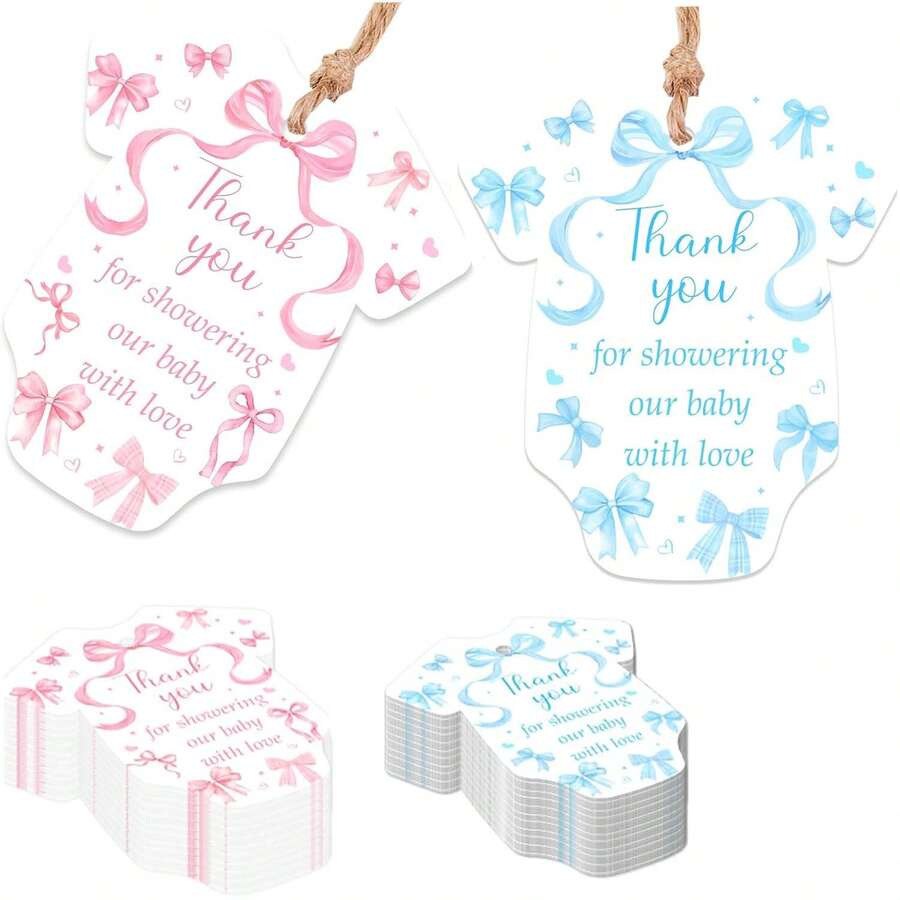 25/50 个粉色蝴蝶结感谢卡，感谢您用充满爱意的卡片环绕我们的宝宝。粉色蝴蝶结主题，性别揭晓派对小礼物（粉色/蓝色可选） - 彩色 - 查看 1