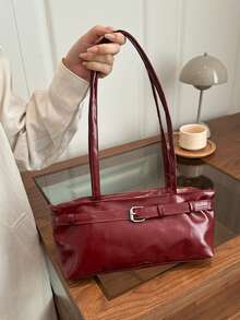 1个复古大容量手提包，通勤超大腋下包，时尚摩托车手提包，PU纯色油蜡皮革，带肩带装饰，拉链封口，女士单肩包，适合工作、大学生背包、短途旅行、度假、购物、商务等场合，日常使用皆宜。 - 酒紅色 - 查看 10