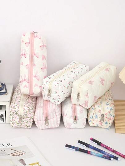 1 pieza Estuche de lápices rectangular largo y creativo - Bolso decorado con estampado de lazo, cereza y floral, organizador de papelería portátil y elegante, artículo de escritorio, elemento de almacenamiento, útiles escolares imprescindibles para estudiantes