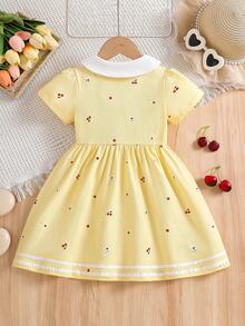 女童印花Polo领短袖休闲连衣裙，夏季 - 黃色 - 查看 2
