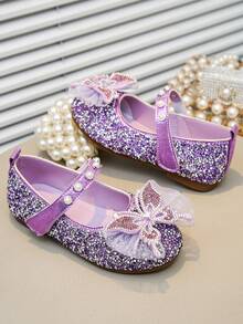 Girls' Princess Flat Shoes With Bow, Rhinestone & Pearl Decor, For School/Campus - Purple - View 6
