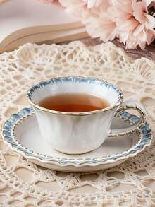 MYVIT 一套（1个杯子+1个碟子）欧式复古浮雕陶瓷咖啡杯碟套装，200毫升花卉金边带柄马克杯碟套装，适用于家居、下午茶、拿铁、牛奶、燕麦片、水等，适合送礼，可微波炉加热，可用洗碗机清洗。 - 藍白色 - 查看 2
