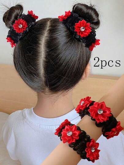 2pcs Girls Back To School Cute Bun Hair Scrunchies With Rhinestone Flower Decor, Suitable For Daily Life Or Vacation