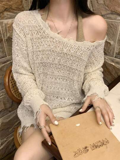 夏季米色做旧镂空针织上衣 - 优雅纯正的Yurty性感休闲街头Y2K长袖露肩毛边宽松束腰女式针织上衣和女式衬衫 | 适合年轻女士、女士、甜美女孩、Y2K女孩和性感女孩，完美适用于情人节/妇女节/母亲节/休闲聚会/海滩度假/派对聚会/返校季/婚礼季/音乐节/2026做旧针织上衣