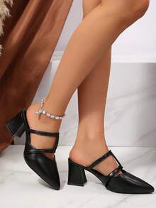 FVPFVP 2025春夏新款尖头粗跟套脚凉鞋，户外穿着，时尚百搭女鞋 - 黑色 - 查看 5