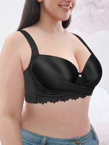 Plus Size Lace Wide Strap Bra - Smooth Thin Padding, Bow Decor, Underwire Support, Lace Trim - Black - View 7