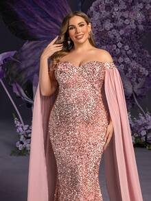 Faeriesty Elegante vestido de fiesta de maternidad talla grande con hombros descubiertos y mangas extra largas hasta los tobillos para mujeres | Parte superior del Body con aplicaciones de lentejuelas y mangas de gasa extra largas, perfecto para bodas de primavera, celebraciones del Día de la Madre, eventos de baby shower, fiestas de jardín - Rosa vieja - Ver 5