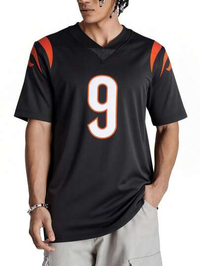 1pc Men's Loose Fit American Football Jersey Black 9 Embroidery T-Shirt