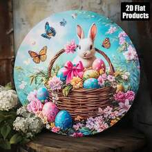 1 Piece Easter Bunny And Egg Theme Round Aluminum Wall Art, 8x 8inch Vintage Decorative Sign, With Vibrant Floral Design, Perfect For Home, Office, Living Room, Mother's Day, Father's Day, And Easter Gift - 1PC - 查看 5