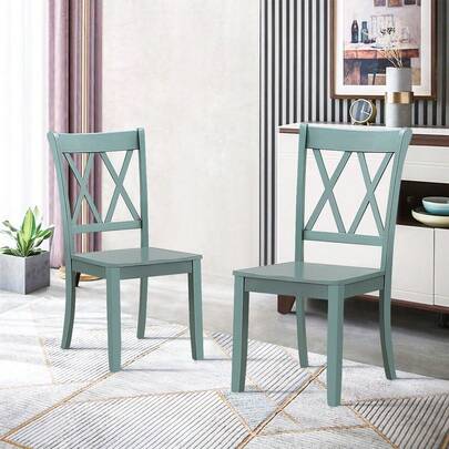  COSTWAY Set Of 2 Solid Wood Dining Chairs, High Back Kitchen Chairs With Cross Back Design & Contoured Seat, Farmhouse Armless Rubber Wood Dining Room Chairs For Home, Green