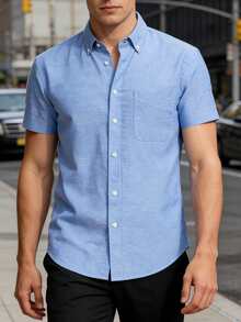 Men's Short Sleeve Casual Shirt In Solid Color Oxford Spun, Suitable For Summer,Wrinkle Resistant Office Work Shirt For Men - Baby Blue - View 9
