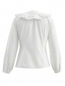 白色春季荷叶边V领长袖衬衫，腰部收紧，不对称蕾丝饰边 - 白色 - 查看 6