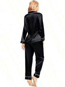 Valentine's Day Limited High-End Fashion Satin Silk Women's Pajama Set Long Sleeve Button-Down Sleepwear XS-3XL Comfortable Warm Loungewear - Black - View 7