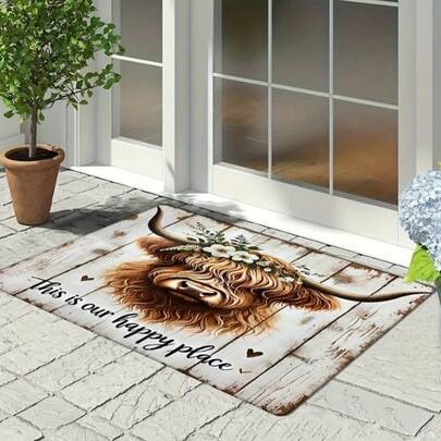 1pc Countryside Style Wooden Cow Pattern Floor Mat, Soft Countryside Style Cow Pattern Ester Material Carpet, Fade-Resistant - Comfortable Floor Mat Suitable For Bedroom, Living Room, Entrance, Garden