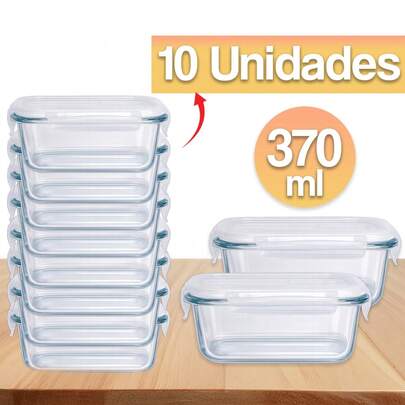 Kit 10 Pote de Vidro Hermético 370ml com 4 Travas e Válvula Organização Para Cozinha Marmita Fitness
