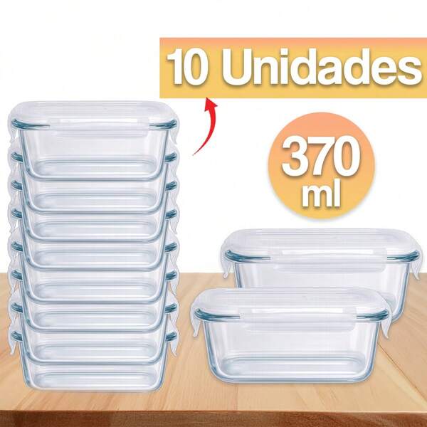 Kit 10 Pote de Vidro Hermético 370ml com 4 Travas e Válvula Organização Para Cozinha Marmita Fitness