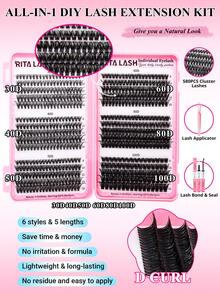RITALASH 580pcs Eyelash Extension Kit, Includes Adhesive And Sealant, 6 Styles, Fluffy & Soft Lash Extension Set, 30D/40D/50D/60D/80D/100D D-Curl Natural DIY Individual Lash Cluster Set, Suitable For Beginners - Black - View 5