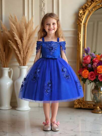 Young Girls' Spaghetti Strap Beaded Floral Mesh Elegant Princess Dress, Suitable For Birthday Party, Prom, Campus Dance, Vacation, Does Not Include Headband