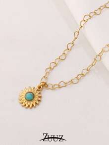 1pc Bohemian Style Stainless Steel Natural Stone Sun Charm Necklace For Women Heart Chain Necklace Collar Chain Jewelry Gifts - Yellow Gold - View 5
