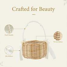 1pc Handwoven Rattan Flower Girl Basket, With Pearl Handle And Bow Decor, Suitable For Baby Shower Flower Girl Use - Apricot - View 4