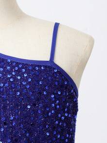 Girls Sequin Asymmetric Shoulder Lightweight Dress, Elegant Tulle Bow Princess Dress Suitable For Birthday Party - Blue - View 4