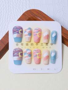 10pcs/Set Press On Nails With Sandblasted Finish, Sky Blue Oil Painting Design, Fully Handcrafted Perfect For Girls And Ladies To Wear! - Multicolor - View 1