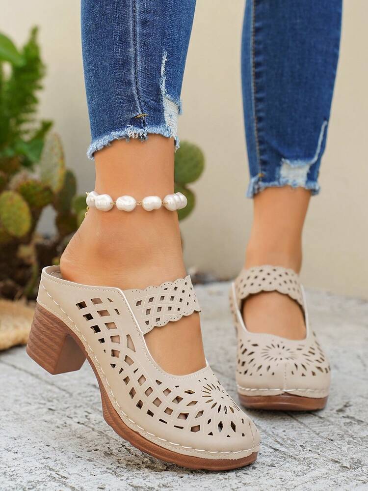 女士镂空雕花厚跟穆勒鞋，复古闭趾套脚凉鞋 - 卡其色 - 查看 4