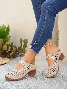 女士镂空雕花厚跟穆勒鞋，复古闭趾套脚凉鞋 - 卡其色 - 查看 5