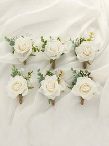 1件/2件/6件装奢华玫瑰绣球花人造花胸花和腕带，适合新郎、新娘、伴娘、婚礼、舞会、派对、正式场合 - 白色 - 查看 16