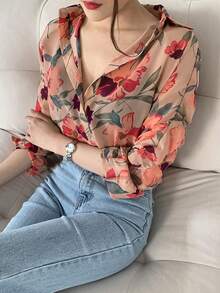 Camisa de mujer Camisa de manga larga con protección solar para mujer, con diseño vanguardista, holgada y elegante, con estampado floral en gasa. - Rosa - Ver 3