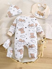 5pcs Newborn Baby Boy Cloud Bear Print Contrast Color Romper + Hat + Gloves + Bib + Cute Outfit Set, Suitable For All Seasons - Apricot - View 2