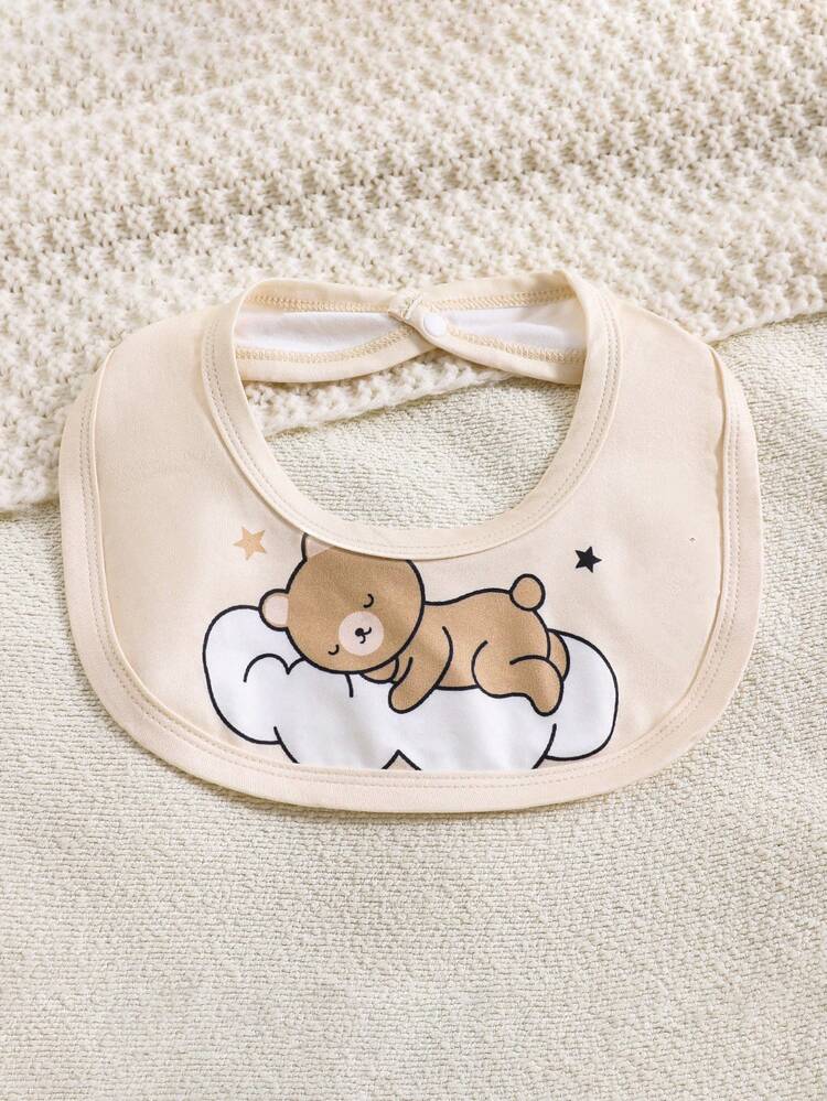 5pcs Newborn Baby Boy Cloud Bear Print Contrast Color Romper + Hat + Gloves + Bib + Cute Outfit Set, Suitable For All Seasons - Apricot - View 8