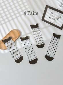 4 Pairs Girls' Mid-Calf Socks With Heart, Bow, Polka Dot, Flower Patterns, Straight Tube Design With Black & White Ruffle Trim, Spring/Summer - Multicolor - View 10