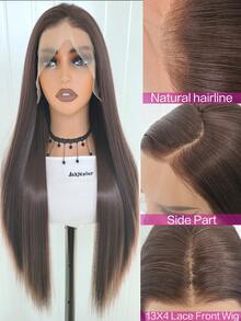 180%密度高温丝蕾丝前假发 - 男女通用成人基础直发合成纤维假发，预先拔毛的13x4蕾丝区域，耐热长巧克力棕色假发 - 彩色 - 查看 15