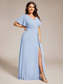 EVERPRETTY Đầm phù dâu cỡ lớn tay cánh bướm cổ chữ V xếp ly màu xanh da trời nhạt, thích hợp cho đám cưới, tiệc tùng, mùa xuân hè, váy dự tiệc trang trọng, váy dành cho mẹ cô dâu. - Màu xanh nhạt - Xem 4