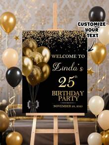 1 pièce affiche d'anniversaire personnalisée style noir et or, logo d'anniversaire personnalisé noir et or, affiche sur canevas sans cadre personnalisée - Personnalisable avec nom, date et âge - Décoration murale élégante avec ballons scintillants et rubans - Décoration de fête de luxe en PVC - Multicolore - Voir 3