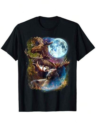 Men's T Shirts 3 Moon Moose Funny Deer Elk Animal Lovers Graphic Novelty-Shirt,% Cotton, 180G Fabric Weight, And New Year'S Casual Men'S And Women'S-Shirt Is Best Friends And Family, S-, 's Casual Print Round Neck Short Sleeve T-Shirt Standard Fit T-Shirt For Men