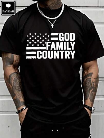 Men's T Shirts PAYEAH God Family Country Conservative Shirt 100% Heavy Cotton T Shirt Men's Casual Print Round Neck Short Sleeve T-Shirt Standard Fit T-Shirt For Men