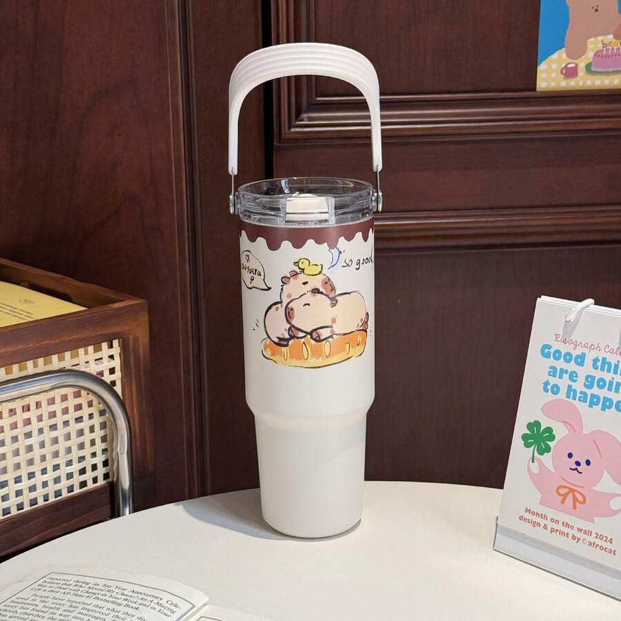 Ice Tyrant High Aesthetic Tumbler, Large Capacity, Straw Cup With Handle, 316 Stainless Steel, Double-Sided Office Drinking Cup - 358 White Hot Dog Capibala - View 1