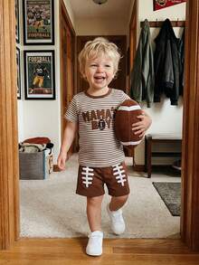 Toddler Baby Boy Summer Outfits Letter Baseball/Football /Rugby Embroidery Short Sleeve T Shirt And Plaid Shorts 2 Pcs Set, Toddler Baby Boy Football Clothing Set, - 卡其色 - 查看 2