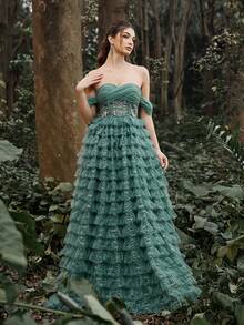 Faeriesty Elegant Layered Ruffle Mesh Overlay Pleated Formal Evening Gown - Dark Green - View 6
