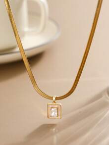 1pc Girl's Pendant Necklace, Minimalist Layered Design, Stainless Steel Flat Chain With Cubic Zirconia Inlaid Rectangular Shell Pendant, Versatile Daily Wear Gift Accessory - Yellow Gold - View 7